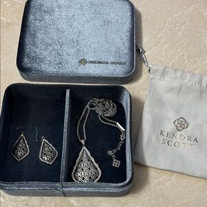 Kendra Scott Silver Addie Pendant Filigree Teardrop Necklace and Earrings Set